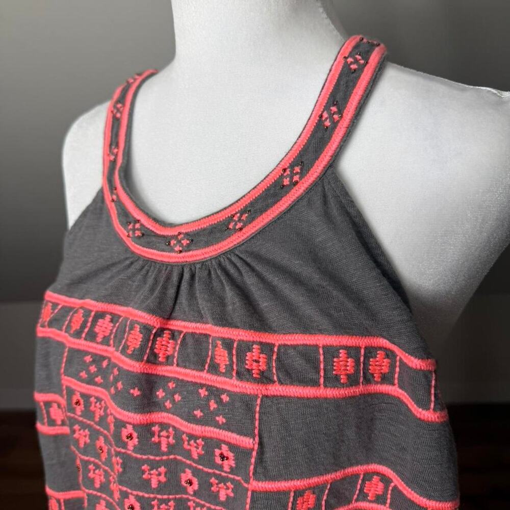 Sundance Gray Linen Embroidered Tank Top Neon Coral Boho Festival Tunic - Picture 3 of 7